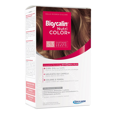 Bioscalin nutricolor plus 5,3 castano chiaro dorato crema colorante 40 ml + rivelatore crema 60 ml + shampoo 12 ml + trattamento finale balsamo 12 ml